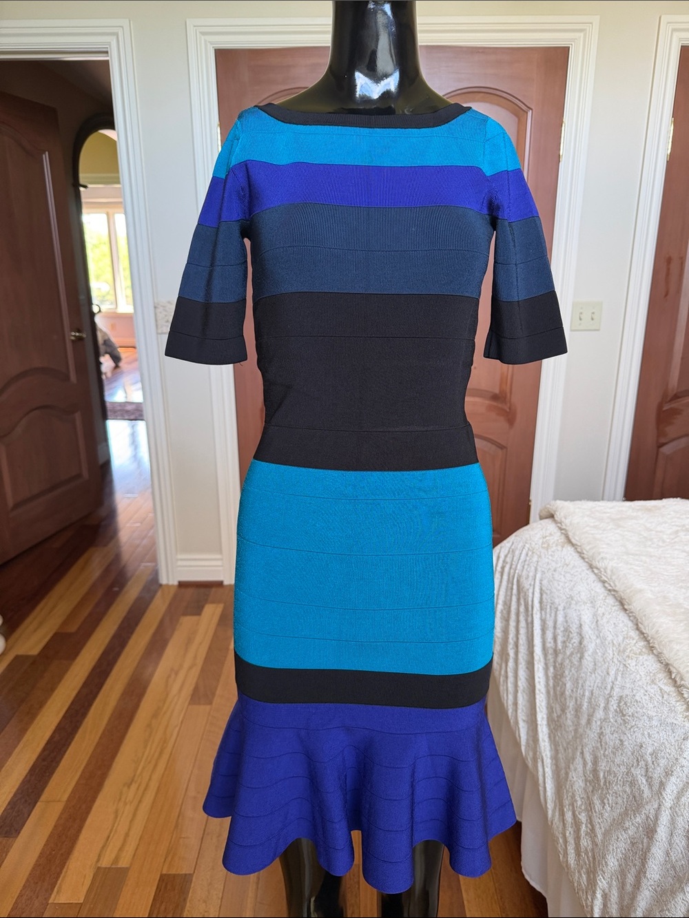 Karen Millen Black, Royal Blue & Teal Striped Fit-and-Flare Midi Dress